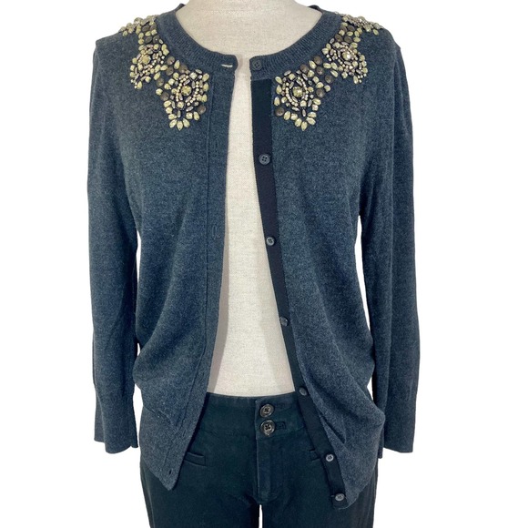 LOFT Sweaters - Loft crystal rhinestone cardigan, ladies medium dark grey cotton blend sweater